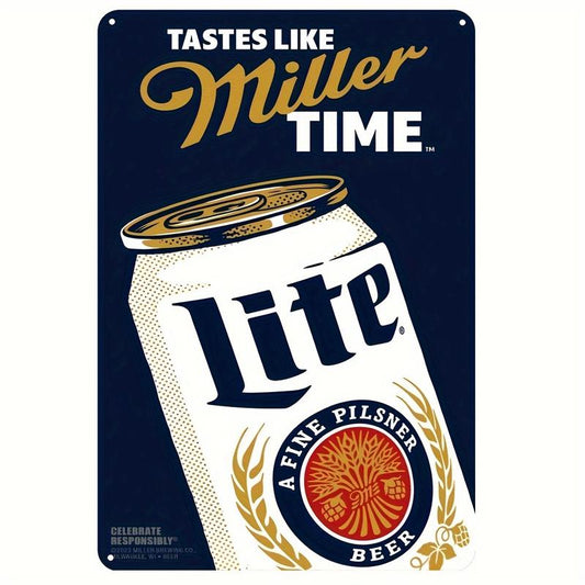 Miller Lite Beer Vintage Metal Tin Sign (8''x12'') - Retro Wall Decor for Man Cave, Bar, Cafe, Garage, Farmhouse - Durable Iron Art Poster with Pre-Drilled Holes - Perfect Gift for Beer Lovers - White & Navy Blue - 1 pc