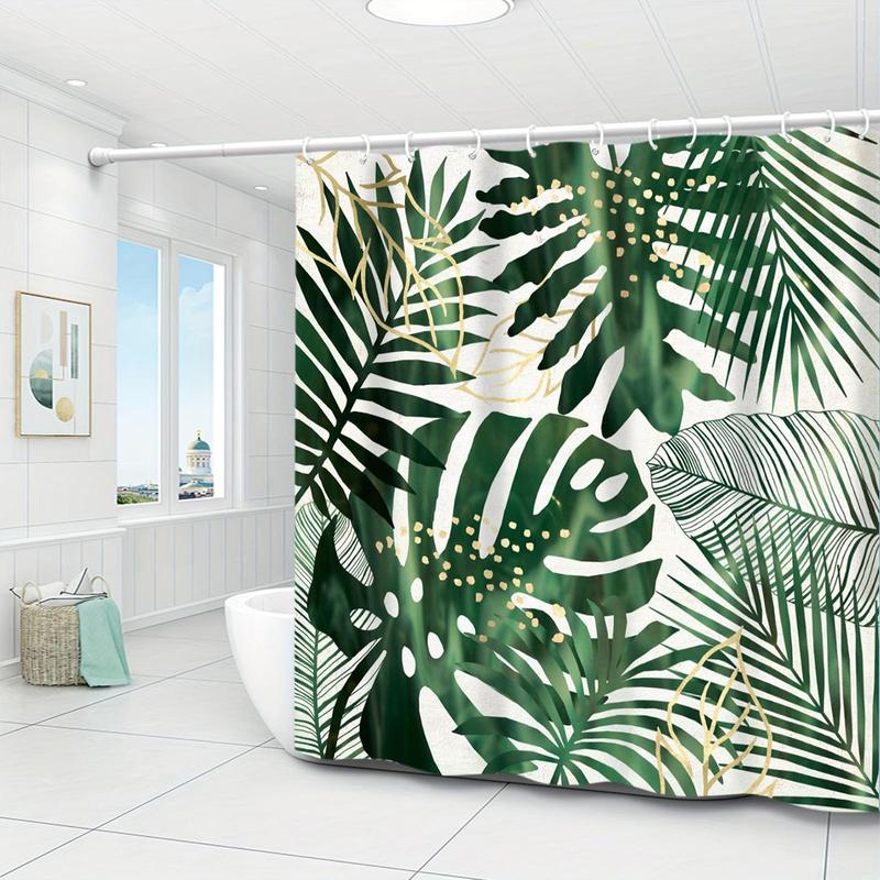 Bathroom Decor Accessories, Tropical Leaf Print Shower Curtain, Boho Style Waterproof Shower Curtain with Hooks, Household Bath Curtain for Home Bathroom