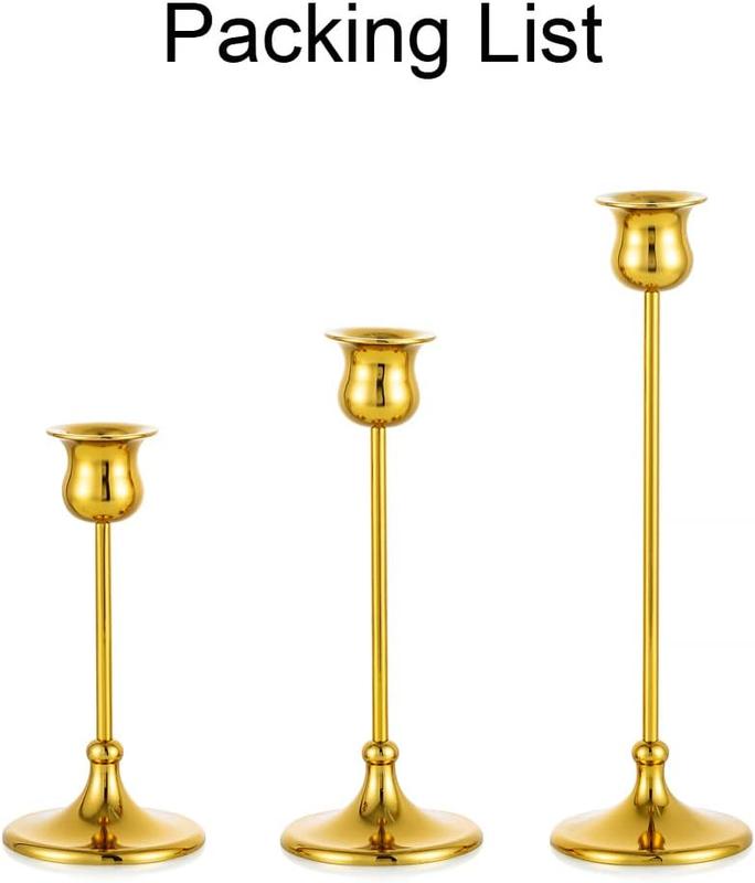 Gold Candle Holders for Candlesticks, Set of 3 Metal Taper Candle Holders, Tulip Shaped Candle Sticks Long Holder, Tall Brass Candlestick Holders for Table Centerpiece, Wedding, Fits 3/4 inch Candle Decor Decorative Box Gift