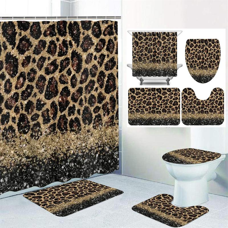 Leopard Print Bathroom Decor, 4pcs/set Innovative Non-slip Waterproof Shower Curtain & Toilet Lid Cover Pad & Thickened Toilet U-shape Mat & Toilet Lid Pad, Bathroom Accessories for Home Hotel Salon