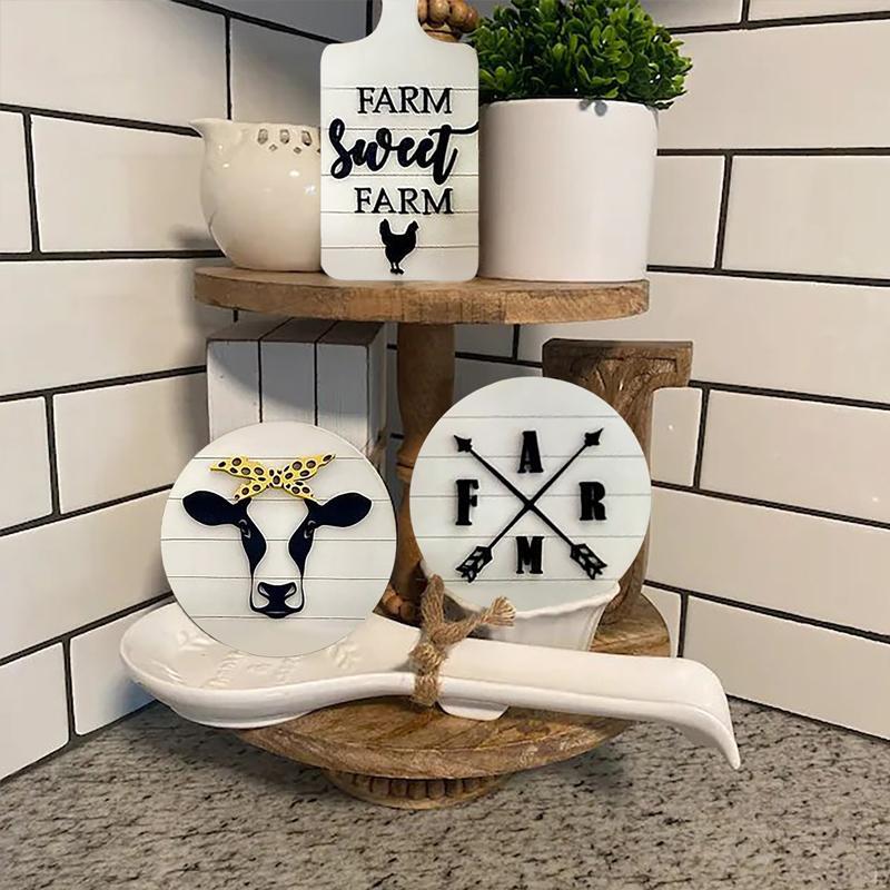 3pcs Wooden Sign, Letter & Cow Pattern Ornament, Tiered Tray Decorations