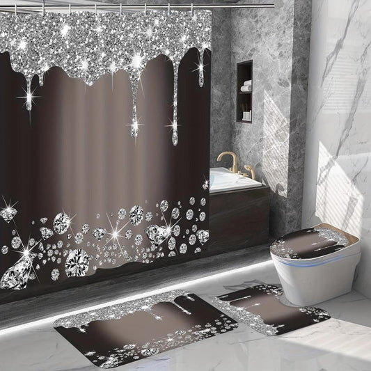 Glitter Rhinestone Pattern Bathroom Set, 4 Counts Including Shower Curtain, Non-slip Bathroom Mat, U-shaped Toilet Rug, Toilet Lid Cover (with 12 Hooks)