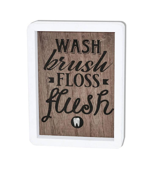 Wash Brush Floss Flush Bathroom Wood Framed Wall Sign