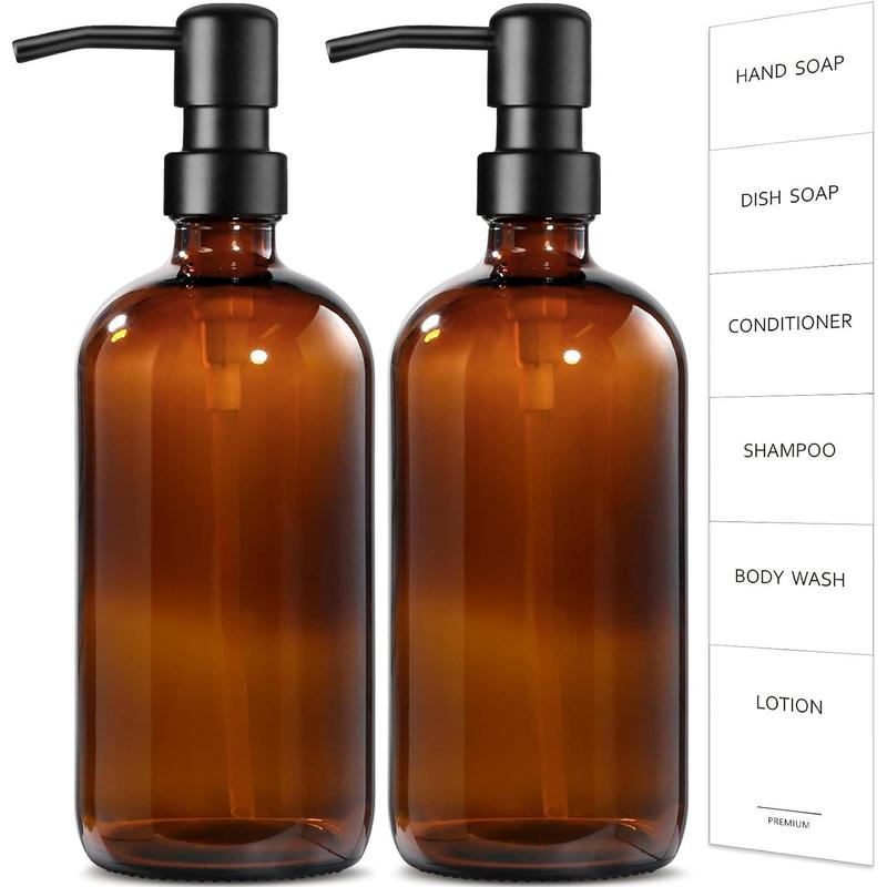 Glass Soap Dispenser, 2 Pack Bathroom Hand Soap Dispenser with Stainless Steel Pump, 16 Oz Kitchen Hand and Dish Soap Dispenser Set, Modern Vintage Liquid Brown Soap Dispensers Bottle