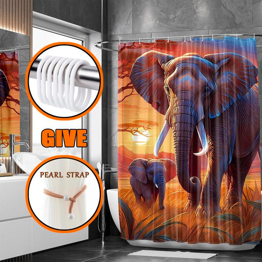 Elephant Pattern Bath Curtain, Colorful Waterproof Shower Curtain with Random Color Curtain Tie & Hooks, Decorative Bathroom Accessories for Home Dormitory Salon Hotel