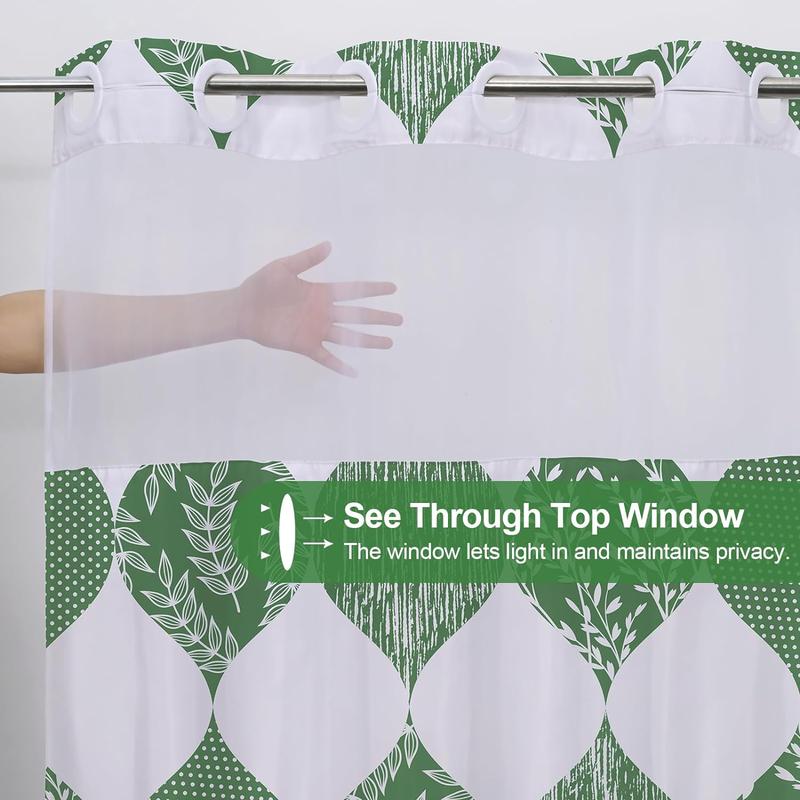 Machine Washable Hookless Shower Curtain | Green Botanical Elegance | Modern No-Hook Design with Built-In Liner for Easy Home Bathroom Decor