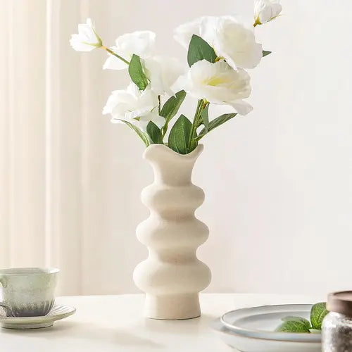 Modern Decorative White Ceramic Vases for Home Decor 8.3 Inch, Abstract Minimalist Vase for Pampas Grass, Boho Flower Vase, Aesthetic Cream Vase