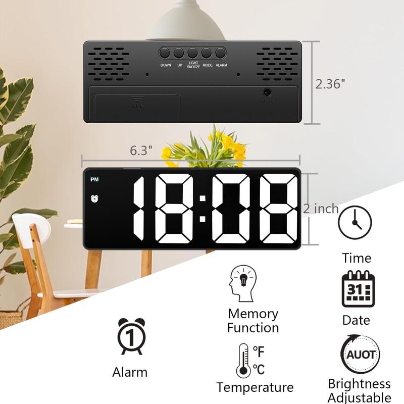 Alarm Clock Led Display,Digital Alarm Clock for Bedrooms,6.5 inch LED Display with White Digits, 3 Levels Brightness Adjustable,Small Electronic Desk Clock for Kitchen Office Decor