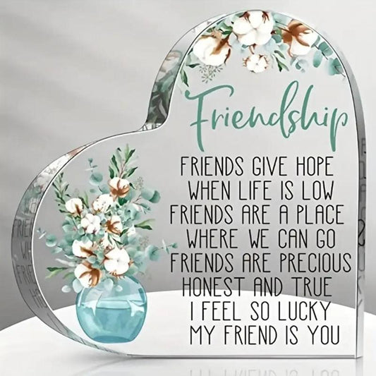 Heart Shaped Friendship Plaque, Flower & Letter Pattern Acrylic Plaque, Creative Gift for Friend