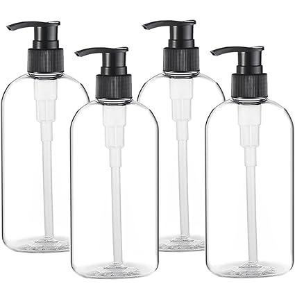 Plastic Pump Bottles Dispenser 4 Pack 16oz/500ml Portable Clear BPA-Free Cylinder Shampoo Lotion Hand Pump Bottle Durable Refillable Containers for Massage Oil, Liquid Soap