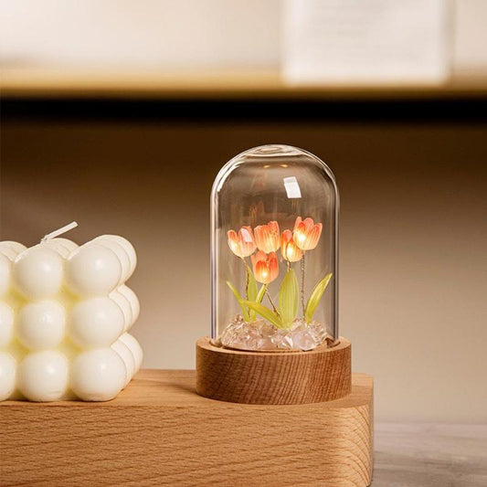 DIY Tulip Night Light, LED Decorative Light, DIY Artificial Flower In Glass Dome Table Lamp, Birthday Gift for Mom Lady Her Girlfriend Wife Sister Girl?(Battery Required, Battery Not Included)