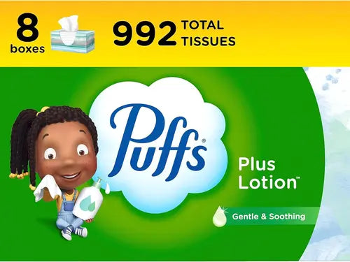 Plus Lotion Facial Tissues, 8 Family Boxes, 124 Facial Tissues per Box, Allergies and Colds