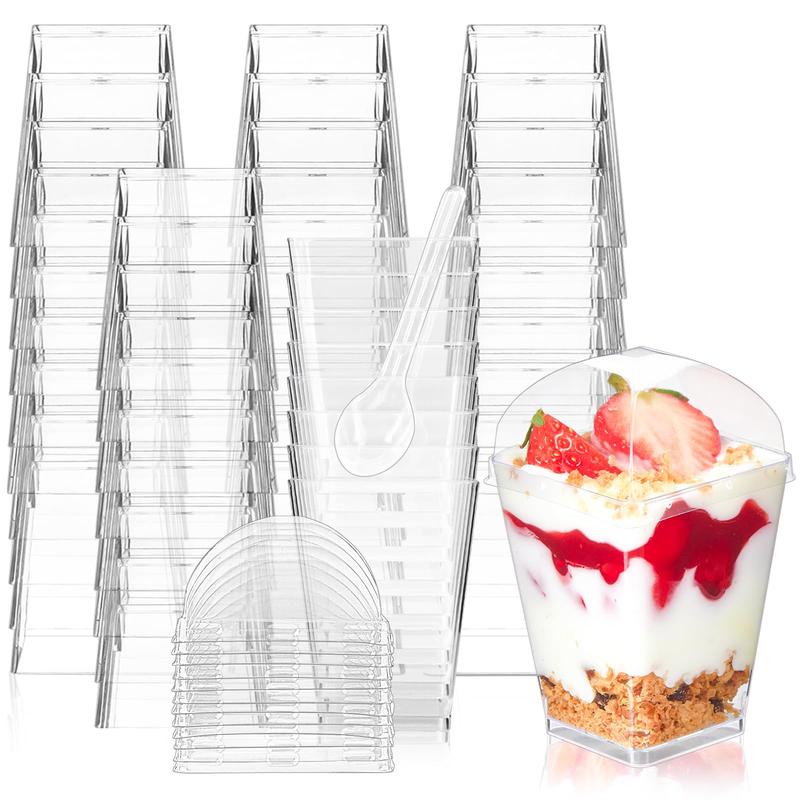 50 Pack 5 oz Mini Dessert Cups with Lids and Spoons, Square Clear Plastic Dessert Shooters Party Serving Tumbler Cups for Parfait Appetizers & Dessert Shot Glasses (Dome) Disposable