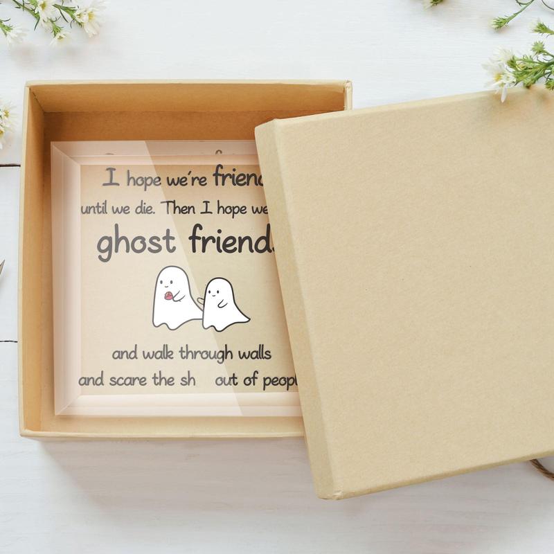 Creative Cartoon Ghost & Letter Pattern Square Acrylic Plaque, Desktop Decorative Ornament, Friendship Gift for Friend, Farewell Gift for Bestie, Keepsake for Home and Office Decor