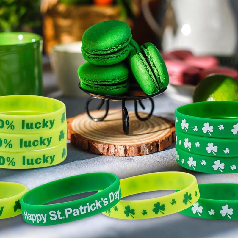 Rubber Wristband, 24pcs Lucky Shamrock?Leaf Clover Pattern Bracelet Set, Party Decoration Supplies for Gifts Festive, Party Favors, Spring Ornaments