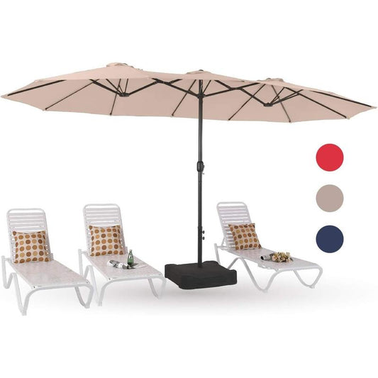 15ft Large Patio Umbrellas with Base Included, Outdoor Double-Sided Rectangle Market Umbrella with Crank Handle, for Poolside Lawn Garden, Beige