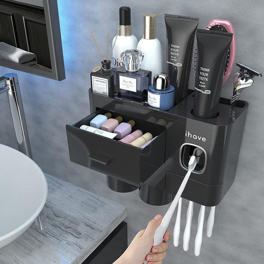 "Bathroom Toothbrush Organizer Set with 2 Cups, Wall-Mounted Toothbrush Holder and Toothpaste Dispenser - Spacious Tray, Built-in Cosmetic Drawer - Stylish Bathroom Storage Solution" Magnetic Ceramic