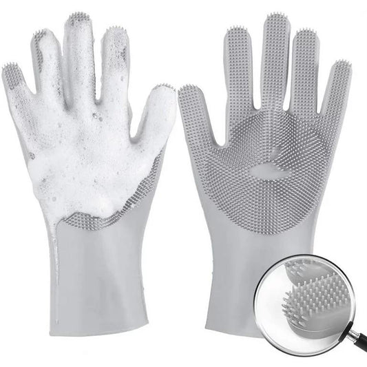 Upgrade Silicone Dishwashing Gloves, Finger Tips with Bristles Cleaning Brush Heat Resistant with Sponge Scrubbers for Kitchen Clean/Housework/Bathroom/Bathing/Car Washing