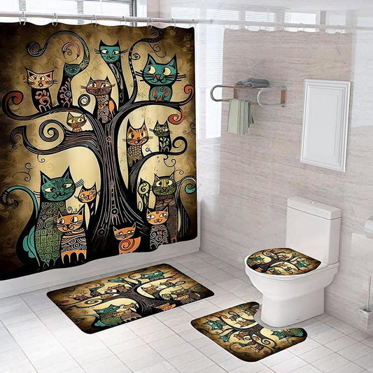 Tree & Cat Print Bathroom Set, Including 1 Waterproof Shower Curtain (with 12 Hooks) & 1 Toilet Seat Cover & 1 Rectangle Bath Mat & 1 U-shaped Toilet Mat