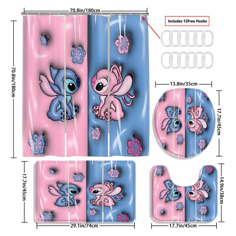 Cartoon Stitch Pattern Bathroom Curtain with 12 Hooks, Anti-slip Bathroom Carpet, U-shaped Toilet Mat, Toilet Cover Mat, Bathroom Decor, Bathroom Supplies, Trending Home Decor 2024