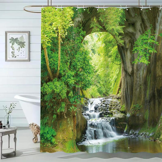 Waterproof Landscape Pattern Shower Curtain With 12pcs Hooks, 1 Piece Forest Waterfall Pattern Shower Curtain, Waterproof & Anti-mould Shower Curtain, Bathroom Supplies For Home Decor