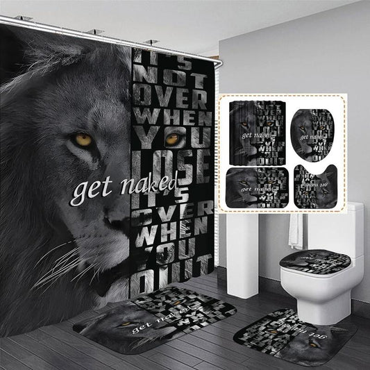 4PCS Lion Inspirational Shower Curtain Set with 12 Hooks, 70.9"L x 70.9"W Toilet Bath