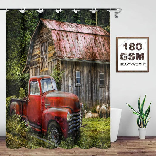 Truck Pattern Shower Curtain, Rustic Farmhouse Vintage Waterproof Shower Curtain with 12 Hooks, Shower Room Decoration Supplies