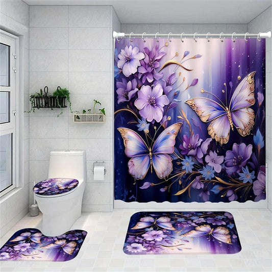 Butterfly & Floral Pattern Bathroom Accessories Set (4 Counts), Waterproof Bath Curtain with Hooks & Toilet U-shaped Mat & Toilet Lid Cover & Bath Mat Set, Bathroom Decor Set, Bathroom Accessories, Bathroom Decor Supplies