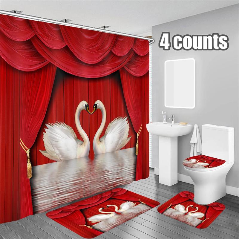 Romantic Swan Pattern Bathroom Curtain Set, 4 Counts/set Including Shower Curtain with 12pcs Hook, Toilet Lid Cover, U-shaped & Rectangular Mat, Bathroom Decor Set