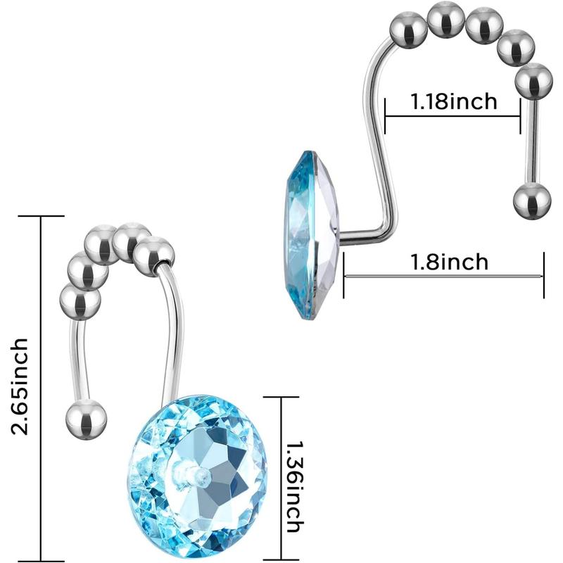 HBlife 12 Pcs Acrylic Decorative Rolling Diamond Shower Curtain Hooks Rust Proof with Glide Balls Rhinestones Crystal Bling Shower Curtain Hooks for Curtain and Shower Rod, Clear Round