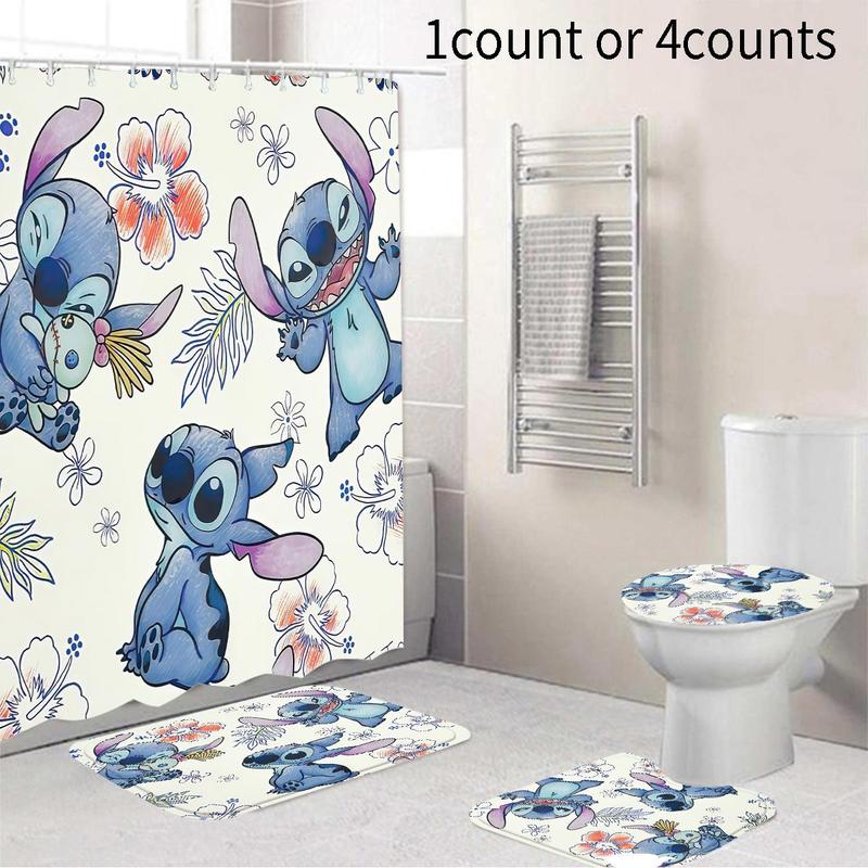 Cartoon Stitch Pattern Bathroom Curtain with Hooks, 1 Count Waterproof Shower Curtain or 4 Counts/set Shower Curtain & Mat Set, Bathroom Accessories