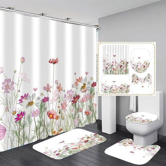 4 Counts Flower Shower Curtain Sets with Rugs and Bath Mat, Colorful Floral Shower Curtain with 12 Hooks, Spring Flower Shower Curtain for Bathroom Decor Sets