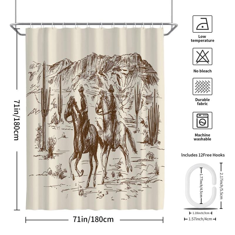 Western Cowboy Pattern Shower Curtain, 1 Count Horse Print Waterproof Shower Curtain with 12pcs Hooks, Decorative Bathroom Accessories for Home Salon Dormitory Hotel