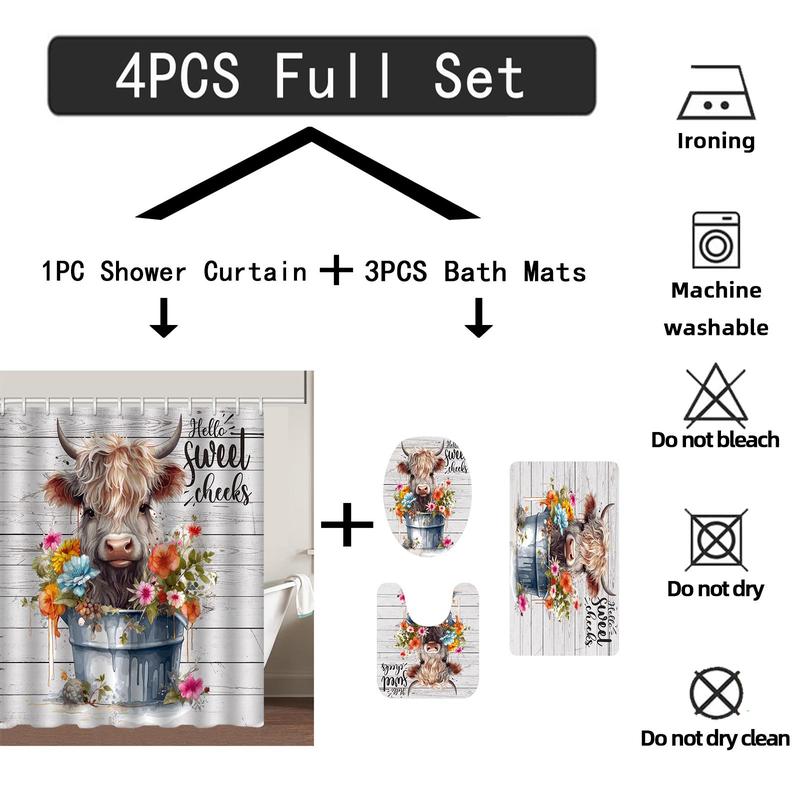 Cow & Flower Pattern Bathroom Set, 4 Counts/set Cute Cow & Flower Pattern Bathroom Curtain & Toilet Lid Mat & Bathroom Rug, Bathroom Accessories Set, Home Decor, Home Accessories, Room Decor Set