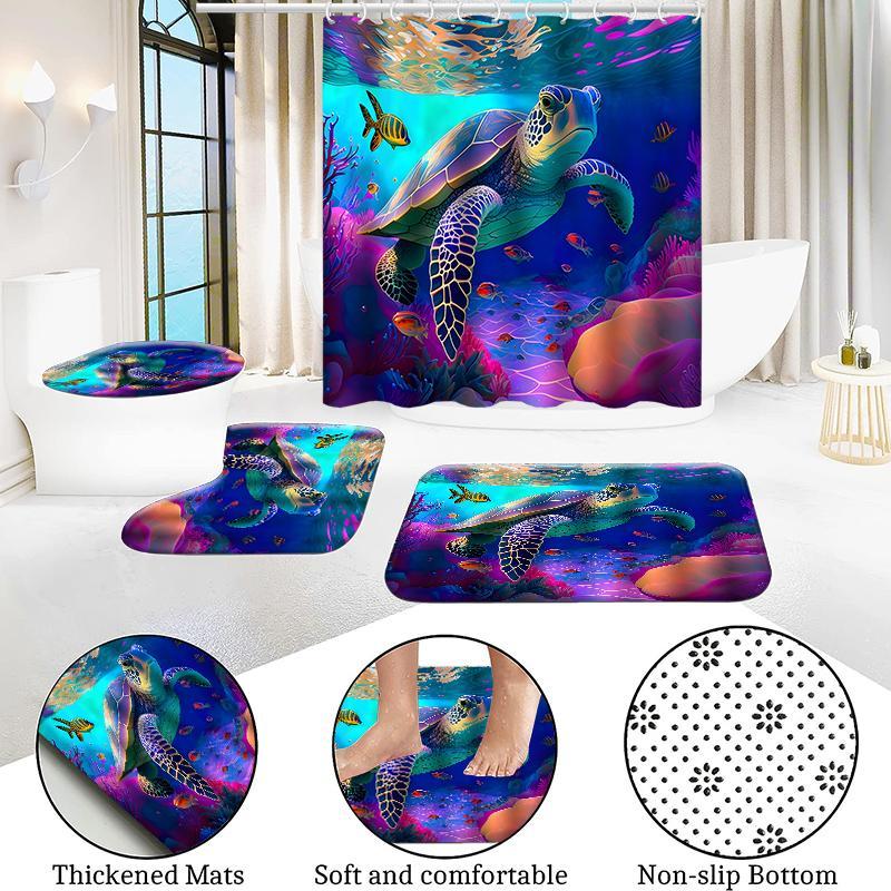 Marine Decoration Shower Curtain Set, 4 Counts/set Including Cute Turtle Pattern Shower Curtain & Bathroom Mat & Toilet Lid Cover, Bathroom Partition, Room Decor