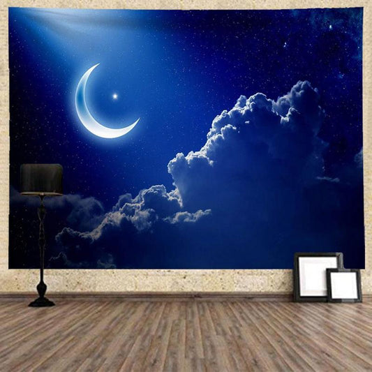 Moon & Cloud Pattern Tapestry, 1 Count Ramadan Wall Hanging Tapestry, Wall Art Decor for Home Living Room Bedroom, Room Decor