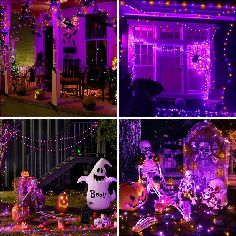 Happy Halloween!! 4 Pack Solar Halloween String Lights Outdoor, 320LED 132FT Orange Purple Solar Fairy Lights Outside Waterproof, 8 Modes Solar Powered Twinkle Lights for Tree Garden Patio Halloween Decorations