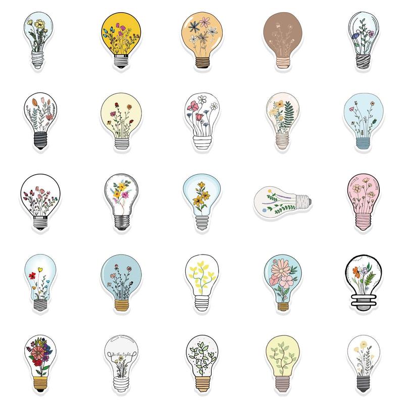 Cartoon Flower & Lamp Bulb Pattern Decorative Sticker?For Creative DIY, 50pcs?Scrapbooking & Journal Making Material Paper, DIY Decorative Sticker Sets