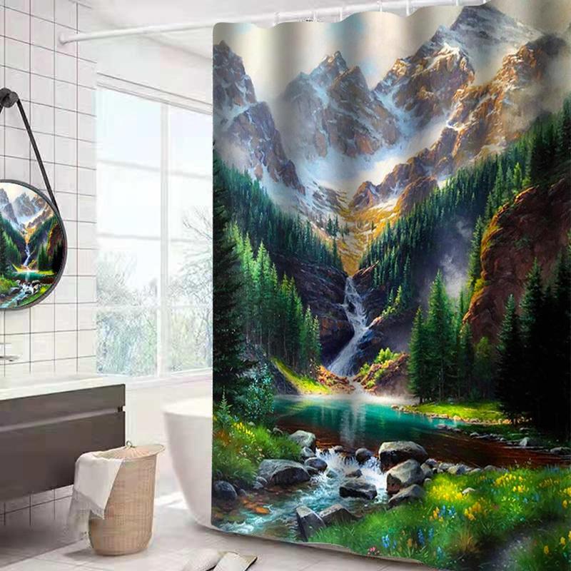 Mountain Landscape Pattern Bathroom Decoration Set, 4pcs/set Simple Waterproof Shower Curtain & Rug & Toilet Lid Cover & Mat, Including 12pcs Hooks, Bathroom Decoration Supplies, Bathroom Supplies