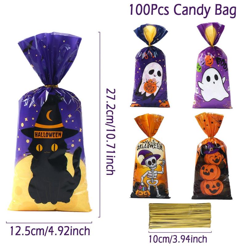 Halloween Candy Bag, 100pcs/pack Mixed Halloween Themed Candy Wrapping Bag, Party Decoration Supplies for Halloween Party, Halloween Essentials