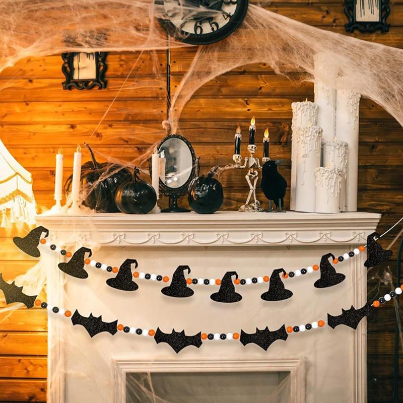 Bat & Witch Hat Design Beaded Hanging Decor, 2 Counts Halloween Party Hanging Decoration, Wall Hanging Ornaments for Home Party Decor, Fall Gifts, Halloween Decor