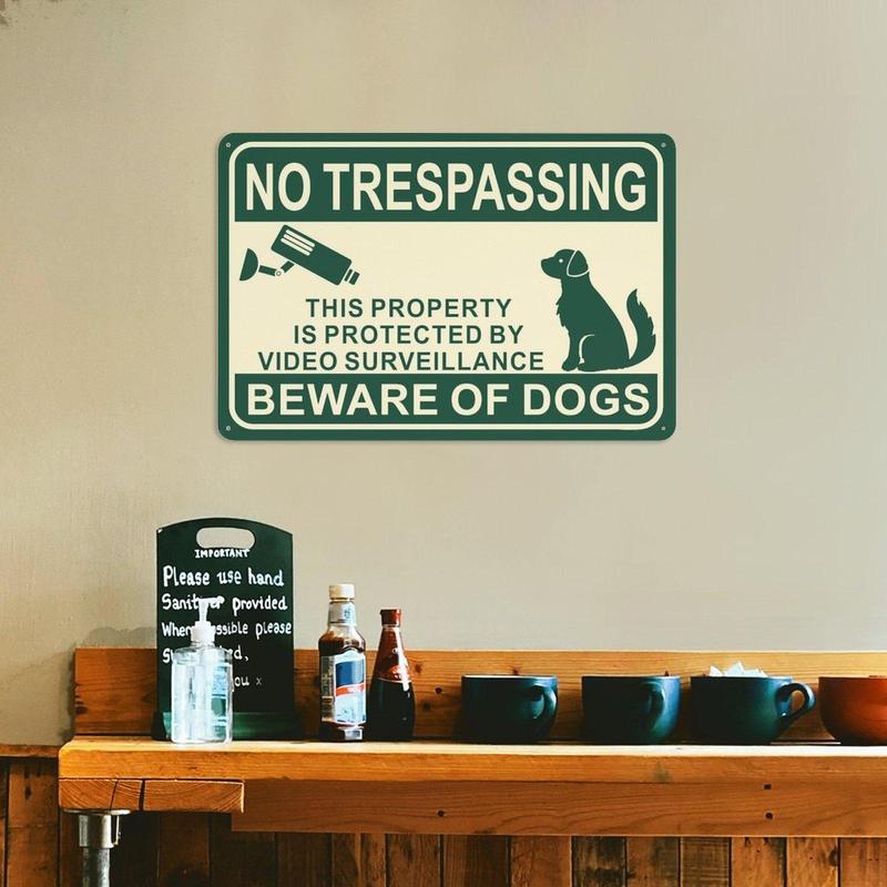 No Trespassing Metal Sign, 1 Count Dog Warning Protected Security Camera Sign, Home Decor Wall Art Plaque for Home Garden Courtyard