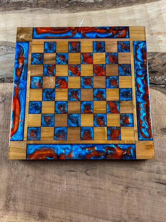 Caribbean Blue Orange Maple Wood Chess Board (With Border)