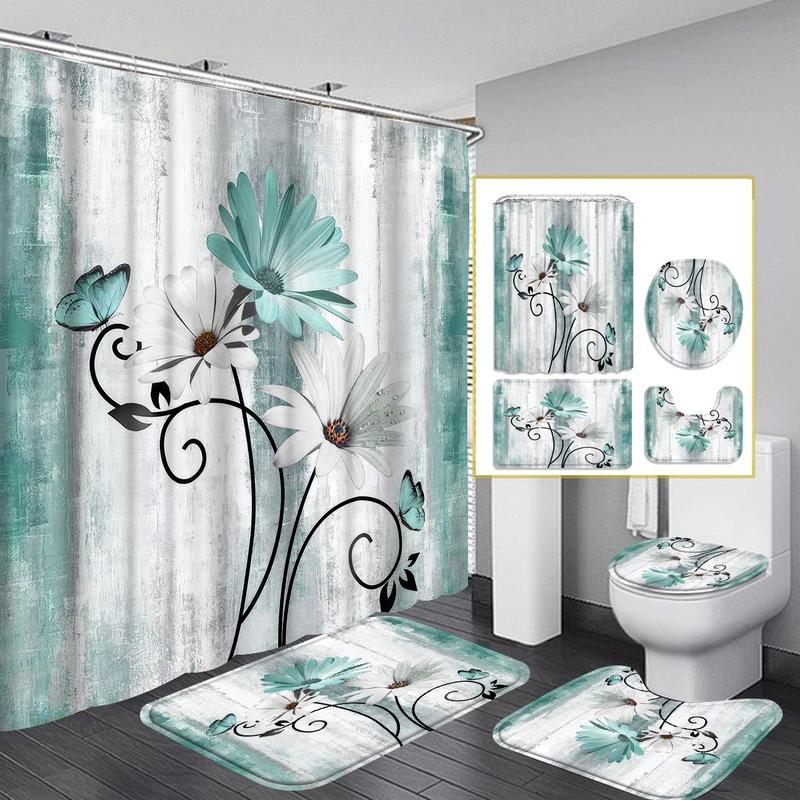 Floral Shower Curtain, Modern Waterproof Bathroom Set With Shower Curtain & Non-slip Mats & Toilet Seat & Hooks, Exquisite Decoration For Bathroom