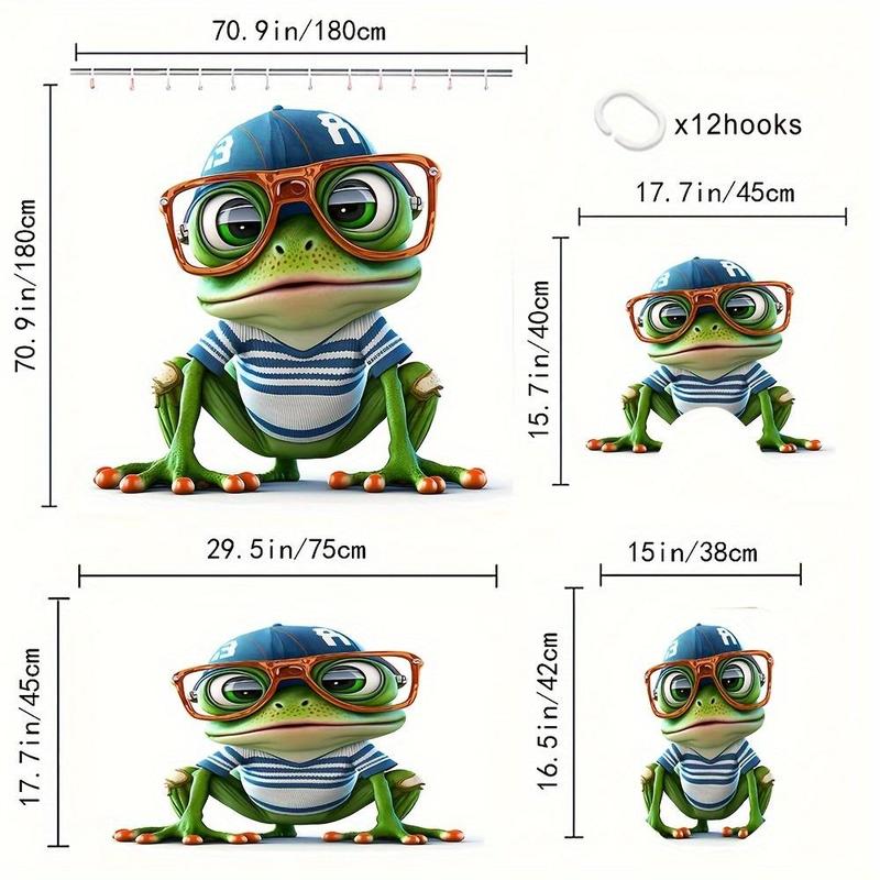 Tiger/Frog Pattern Bathroom Shower Set (4?Counts), Including 1 Bathroom Curtain, 1 U-shaped Contour Toilet Mat, 1 Bath Mat, 1 Toilet Lid Seat Cover