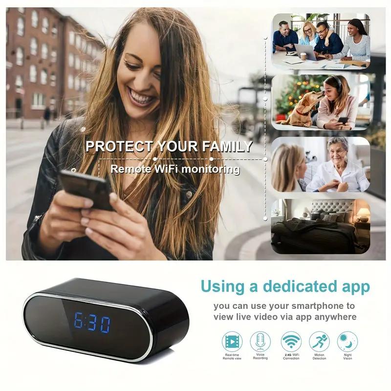 1 piece mini electronic clock to tell time, portable electronic clock for living room and kitchen, wireless remote real-time viewing HD camera, night vision/motion detection/loop recording,