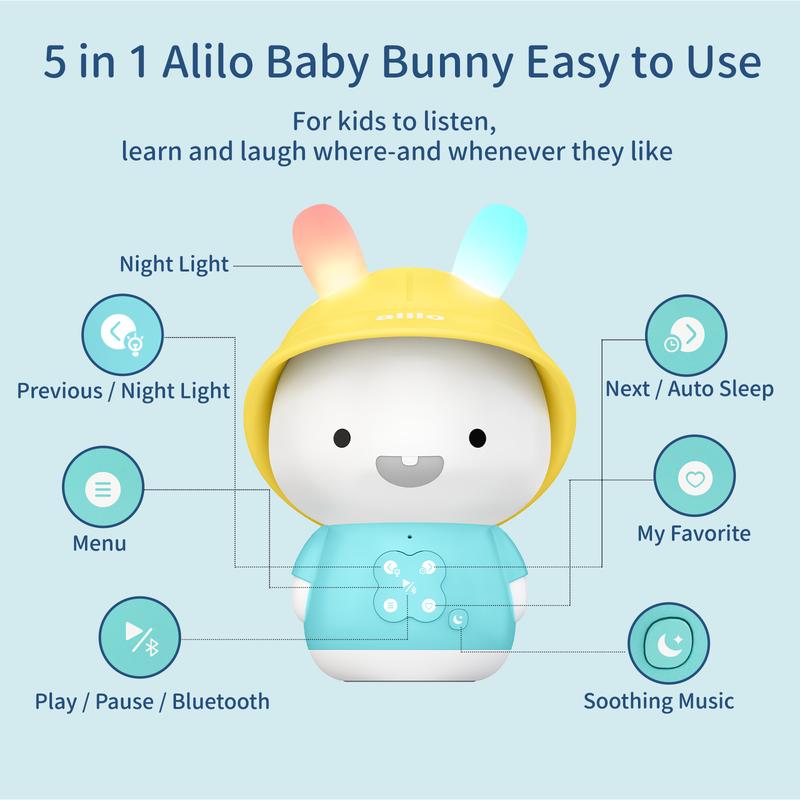 alilo Bunny Kids Music Player Storytelling Toys for Toddler Infant Baby Gift Pre-stored 16 Bedtime Stories/48 Nursery Rhymes/12 Soothing Music/White Noise, with Nightlight,Bluetooth,Record Function