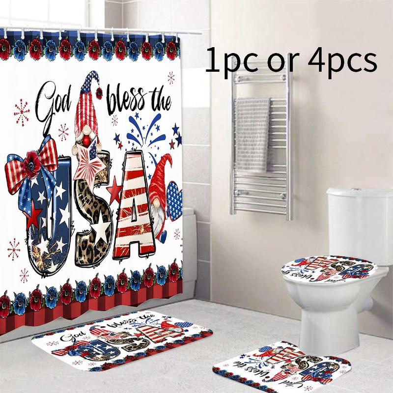 Independence Day Themed Bathroom Accessories, Shower Curtain Set, Letter & Star Pattern Bathroom Curtain & Toilet Mat, Bathroom Decor Supplies