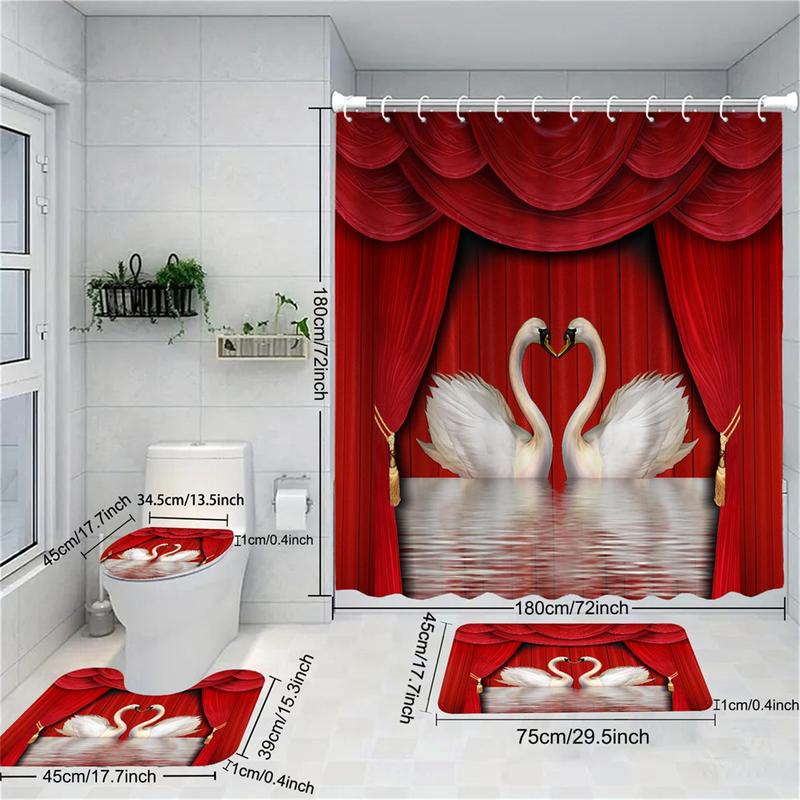 Romantic Swan Pattern Bathroom Curtain Set, 4 Counts/set Including Shower Curtain with 12pcs Hook, Toilet Lid Cover, U-shaped & Rectangular Mat, Bathroom Decor Set