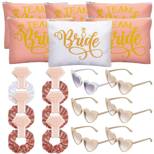 [Clearance] Bride's Bridal Party Gift (18pcs/set), Including 6counts Diamond Card Hair Tie, 6counts Makeup Bag, 6counts Sun Glasses, Wedding & Party Gift Package